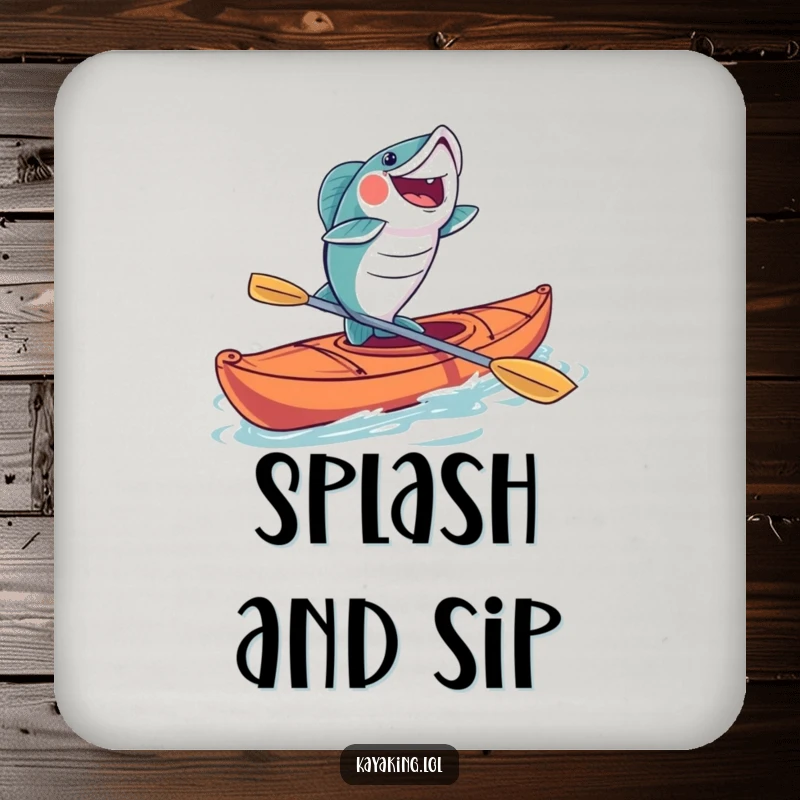 Funny fish kayaking drink coasters featuring a joyfully leaping fish from a kayak, protecting surfaces with humorous fishing charm.