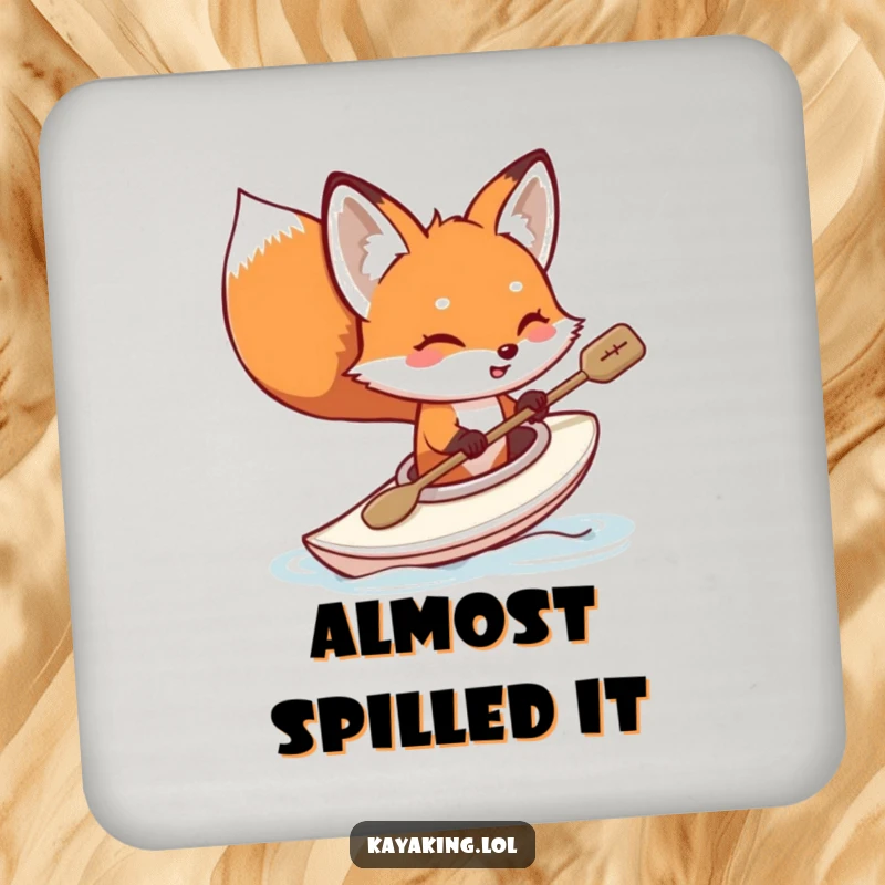 Funny fox kayaking drink coaster, a red fox humorously tipping its kayak, water splash design, protects furniture with humor.