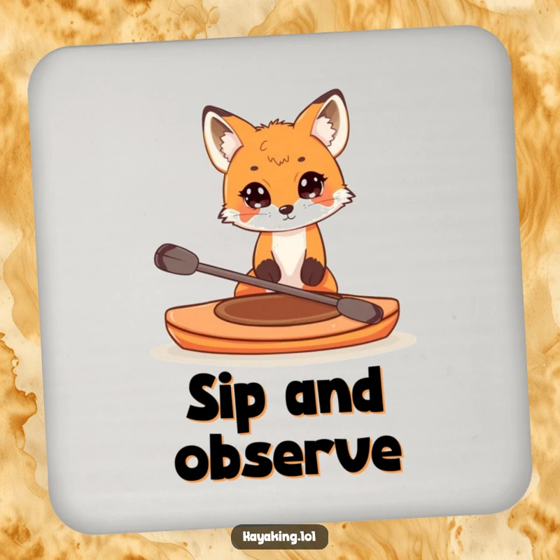 Funny drink coaster with a curious fox peering over the edge of a small kayak, a cute and functional addition to any table.