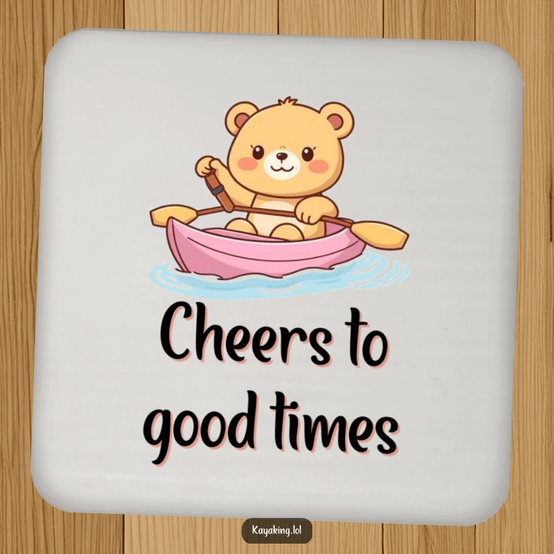 Funny Coaster, a happy bear waving from a kayak, providing a humorous and friendly drink surface.