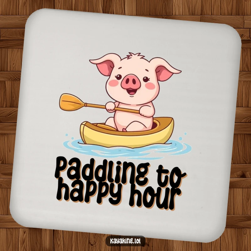 Funny kayaking pig drink coaster, happily paddling a kayak. Protects surfaces with humor and style.