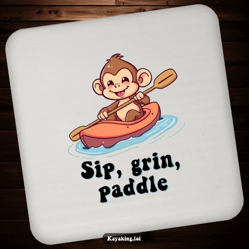 Funny Monkey Coaster: A playful monkey with a mischievous grin steering a kayak, perfect for drink protection.