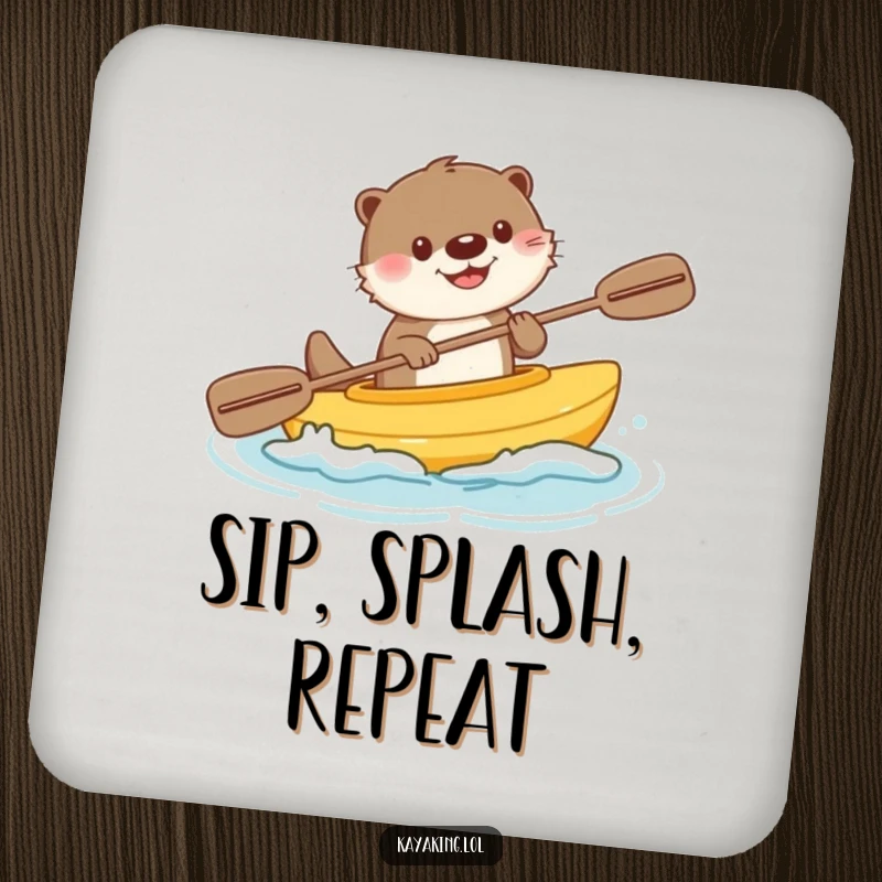 Funny drink coaster showcasing a happy otter paddling a kayak with a cheerful splash, a cute and functional addition to any table.