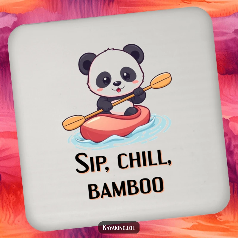 Funny panda kayaking coasters feature a confident panda paddling a kayak, protecting surfaces with determined humor.