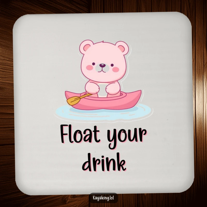 Funny pink bear coaster with a bear floating serenely in a kayak, adding peaceful humor and surface protection, a cute accessory.