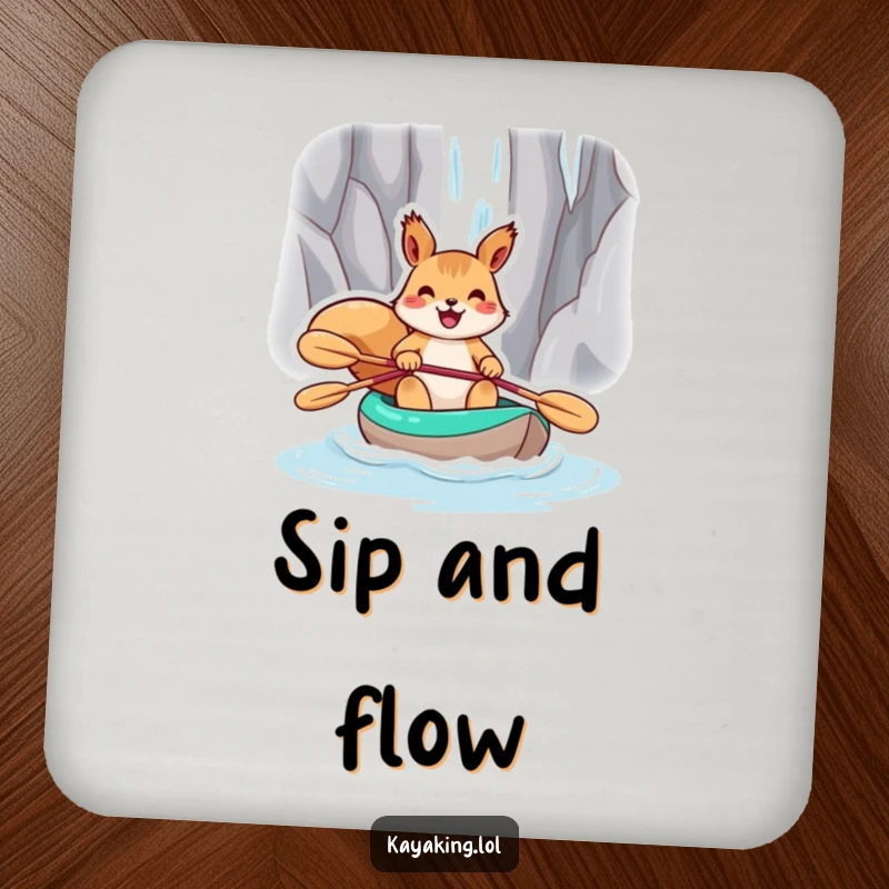 Funny squirrel navigating a kayak towards a waterfall, featured on a drink coaster to add humor.