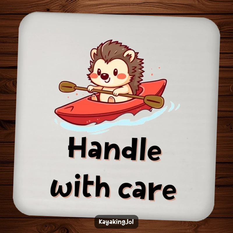 Funny drink coaster with a smiling hedgehog steering a bright red kayak, a cute and functional addition to any table.