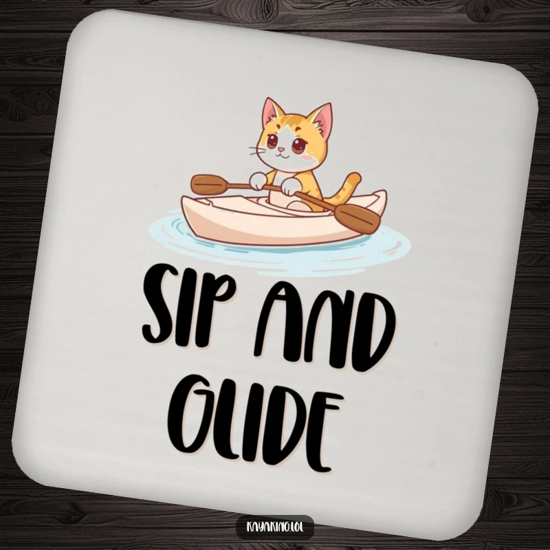 Funny Cat Coaster: Curious cat paddling a kayak on calm water, a humorous and protective addition to any table.