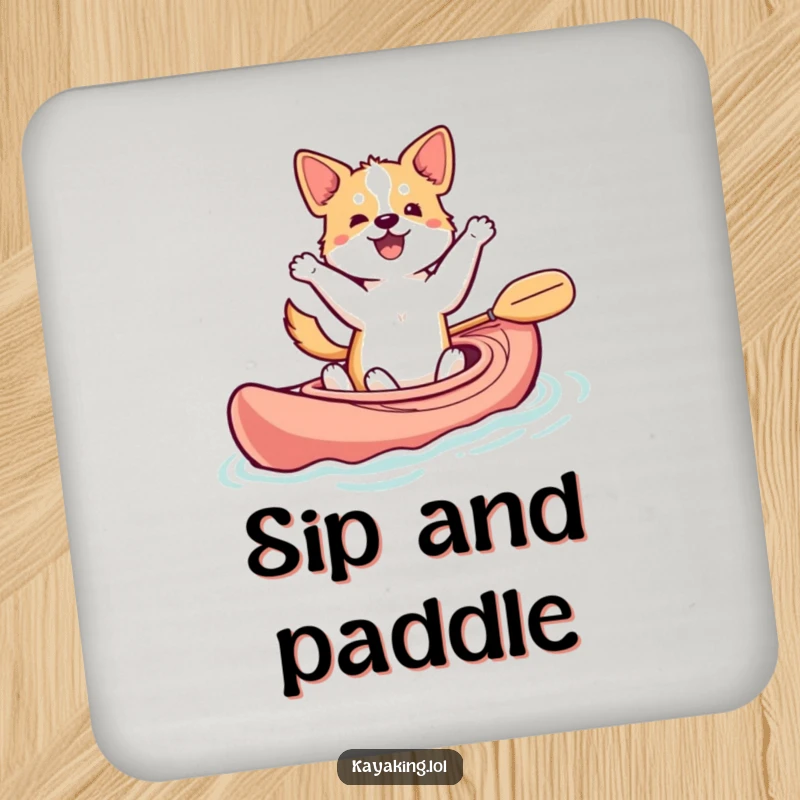 Funny dancing dog coasters with a dog bobbing in a kayak, tail wagging, a humorous table accessory.