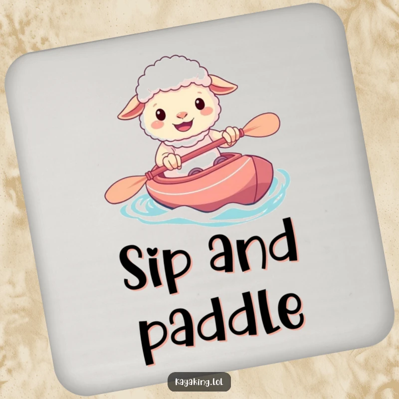 Funny drink coaster featuring a cheerful sheep grinning while paddling its kayak, bringing a touch of outdoor humor.