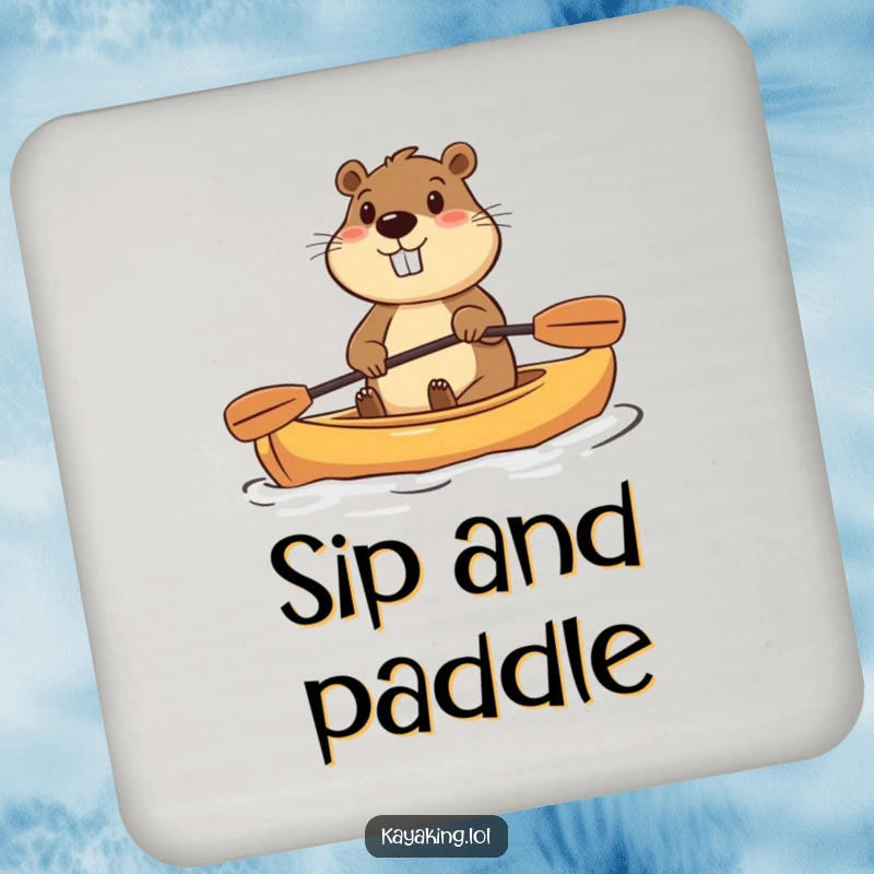 Funny drink coaster featuring a determined beaver paddling a small kayak with enthusiasm, for humorous surface protection.