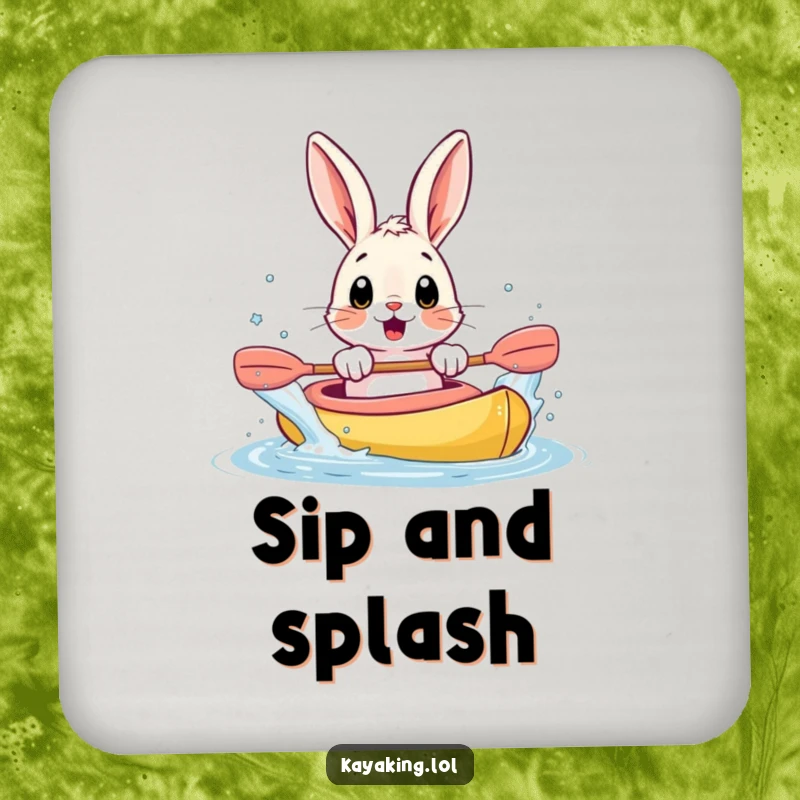 Funny drink coaster featuring a surprised bunny splashing water from a kayak with its paws, for humorous surface protection.