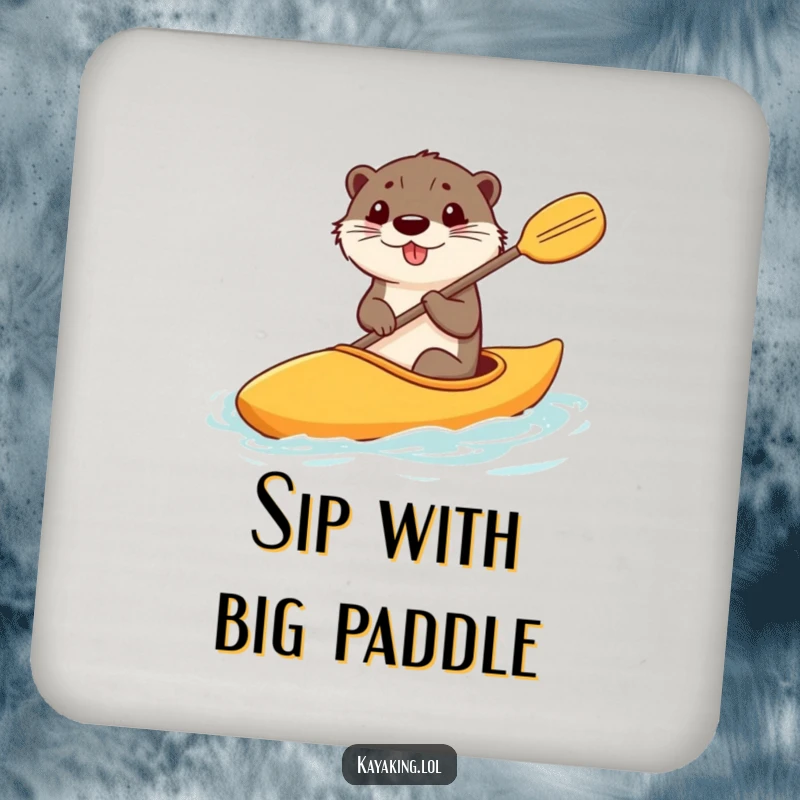 Funny drink coaster featuring a happy otter steering a kayak with a comically large paddle, for humorous surface protection.