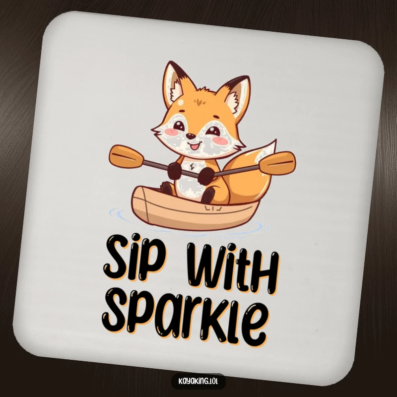 Funny grinning fox with sparkling eyes kayaking, featured on a drink coaster, adding a humorous and protective touch.