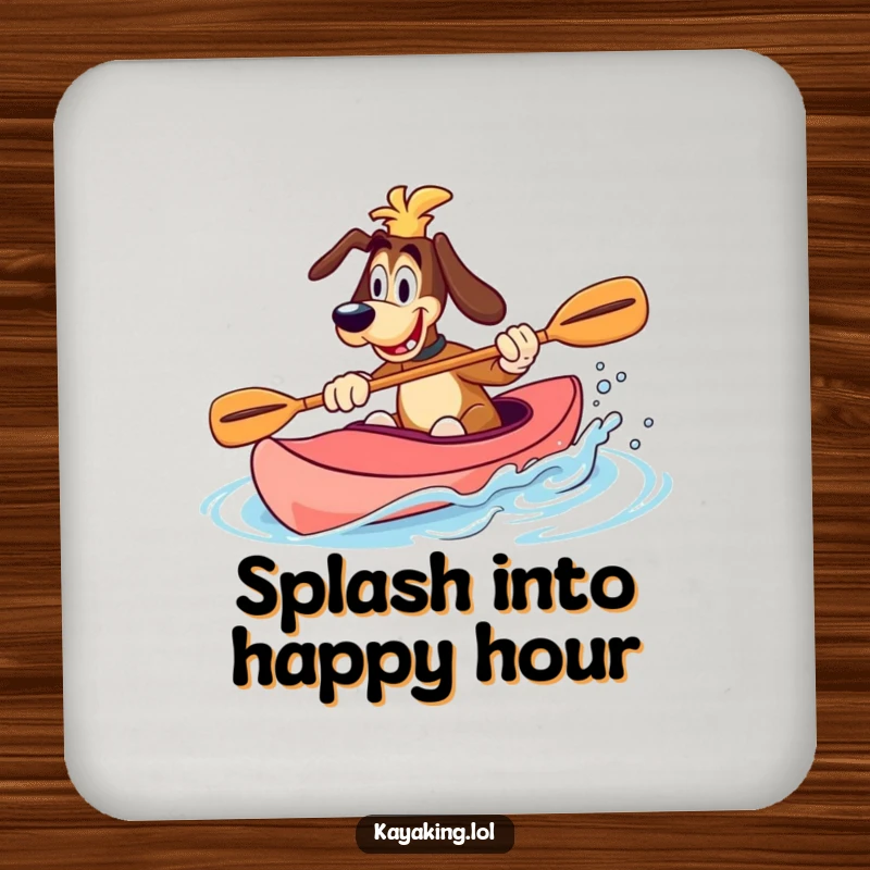 Funny Drink Coaster showing a goofy dog splashing water with a paddle in a kayak, a humorous and protective accessory.