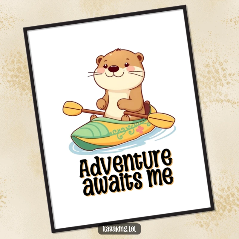 Funny poster featuring a happy otter with a big grin paddling a decorated kayak, capturing a moment of pure aquatic joy.