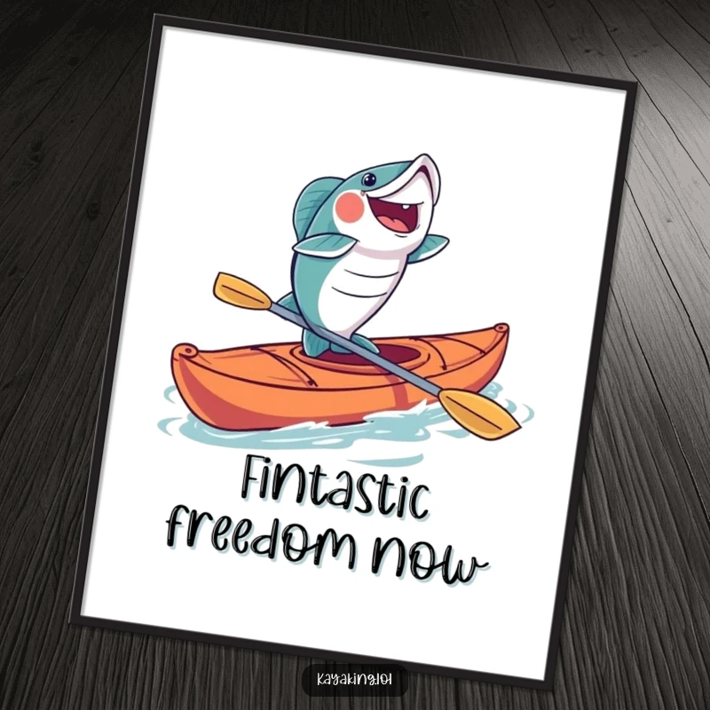 Funny fish kayaking poster depicting a fish leaping exuberantly out of a kayak, capturing a moment of fishing bliss humorously.
