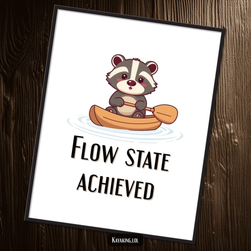 Funny badger poster capturing a brave animal paddling a kayak through gentle ripples, conveying tranquility, strength, and outdoor serenity.