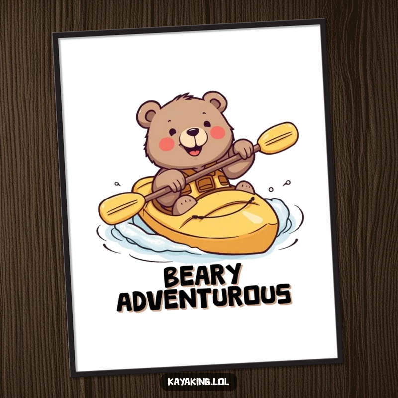 Funny poster art of a brave bear smiling while executing a kayak roll, conveying determination and humor.
