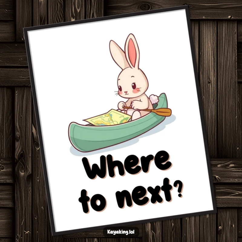 Funny Poster, a bunny using a map in a kayak, creating curious and adventurous wall art.