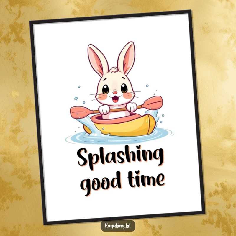 Funny poster of a surprised bunny splashing water from a kayak with its paws, adding playful and humorous wall decor.