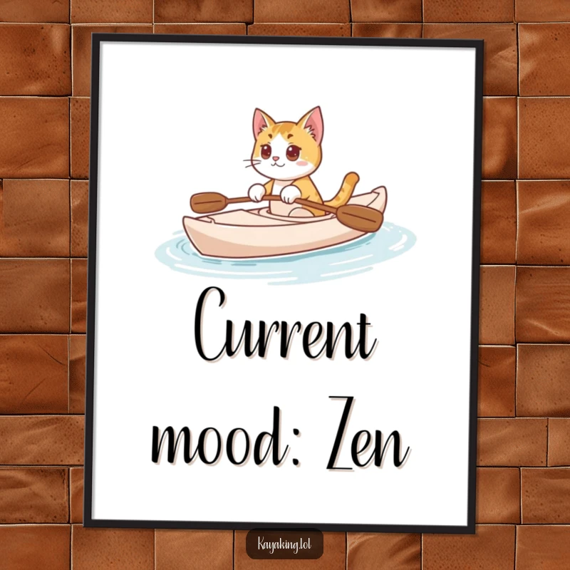 Funny Cat Poster: Curious cat paddling a kayak peacefully on serene water, a humorous and calming piece of art.