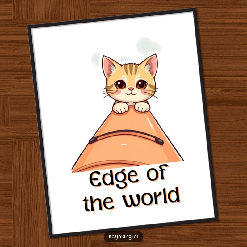 Funny poster displaying a curious cat peeking over the edge of a kayak, adding a whimsical and intriguing element to wall art.