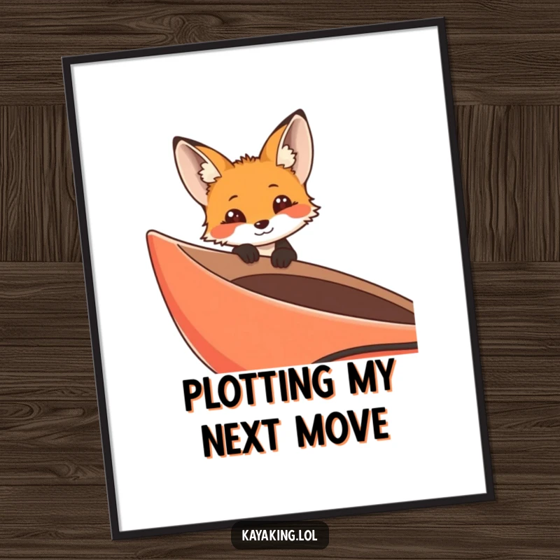 Funny curious fox peeking from a kayak on a poster, whimsical nature wall art depicting an inquisitive explorer.