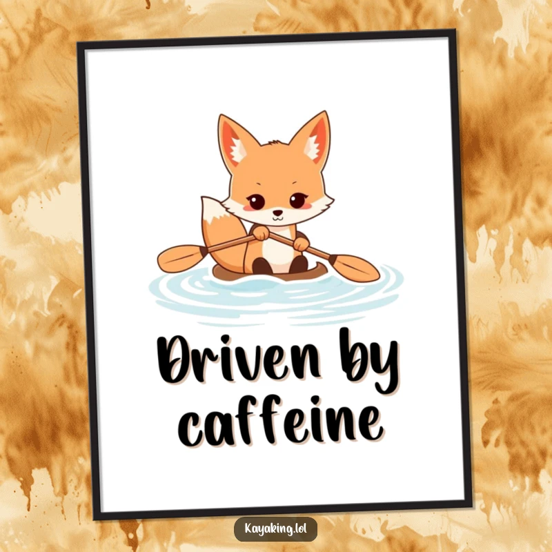 Funny fox poster capturing a determined animal vigorously paddling a kayak through calm waters, symbolizing focus and dynamic energy.