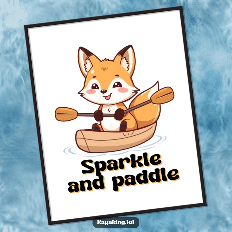 Funny grinning fox with sparkling eyes sitting in a kayak, depicted on a poster, radiating charm and adventurous spirit.