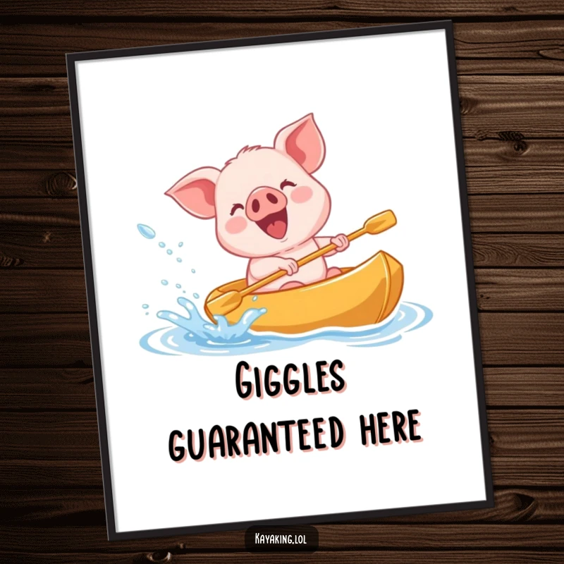 Funny giggling piglet splashing water from a kayak on a poster, joyful and playful wall art for any room.