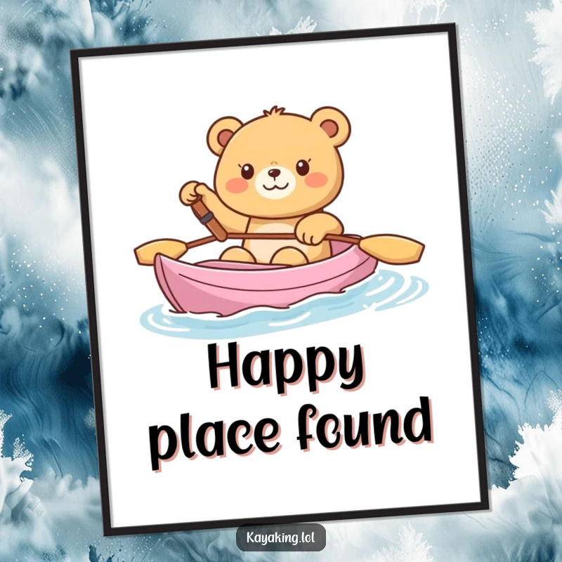 Funny Poster, a happy bear in a kayak waving hello, creating cheerful and friendly wall art.