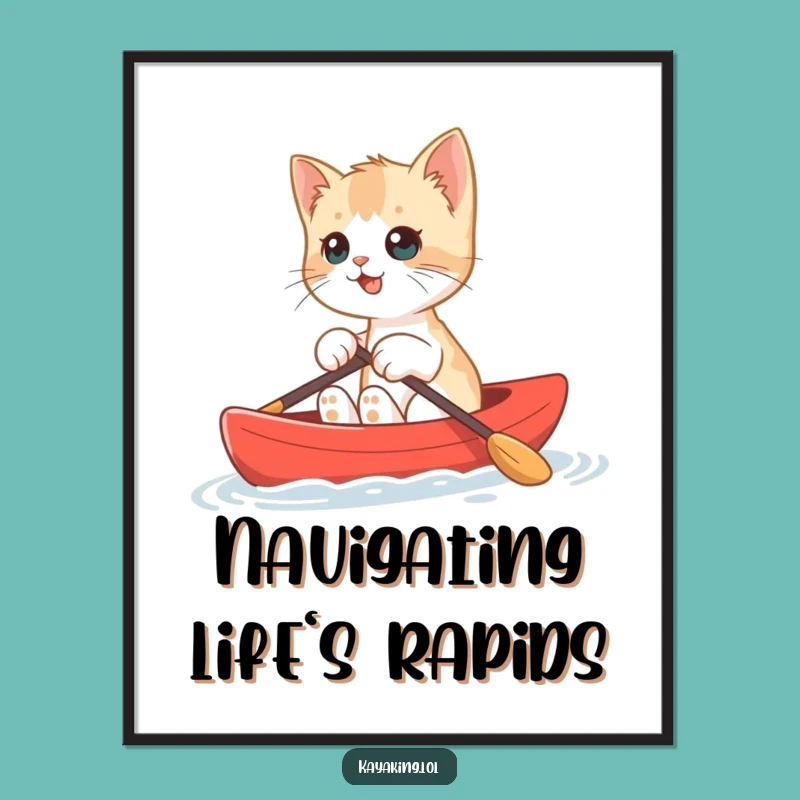 Funny Kitten Kayak Poster: Adorable Cat Bobbing Adventure, Vibrant Funny Wall Art