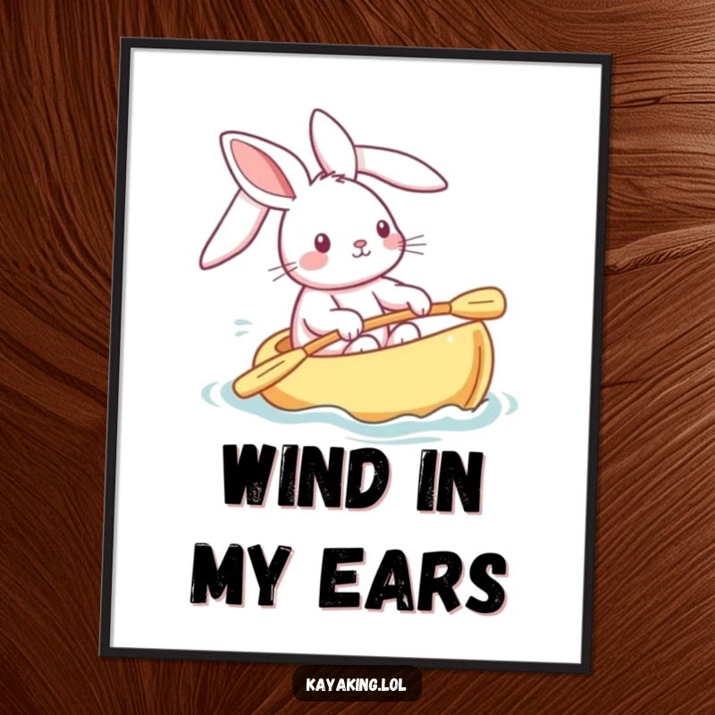 Funny bunny poster showing a playful rabbit steering a kayak, ears streaming backward, creating a cheerful and adorable wildlife illustration.