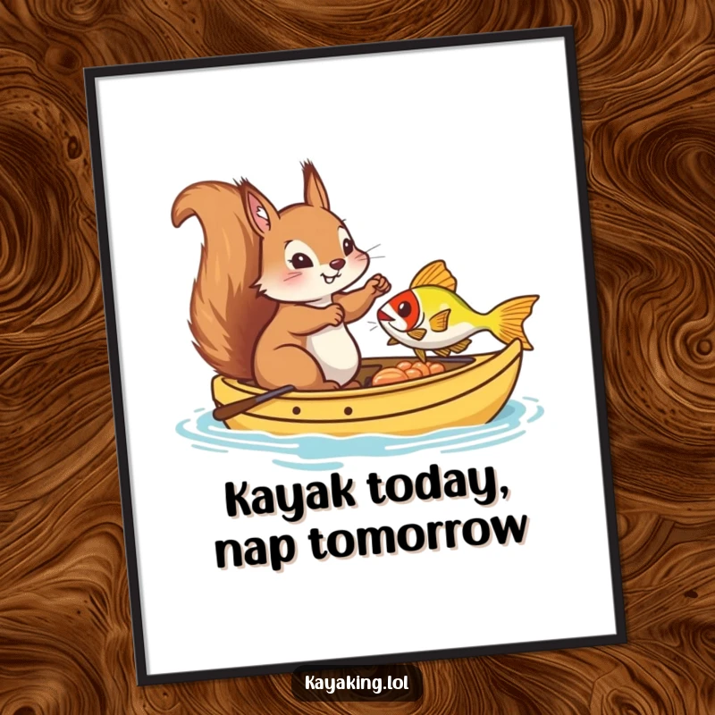 Funny Poster, a silly squirrel in a kayak reaching for a fish, creating humorous wall art with an outdoor theme.