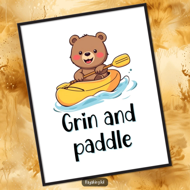 Funny Bear Poster: Smiling bear waving from a colorful kayak, creating a cheerful and humorous piece of art.