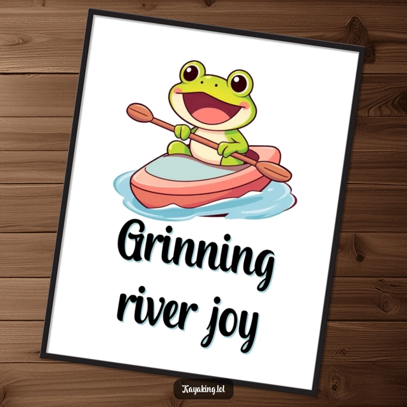 Funny poster of a happy frog character paddling a kayak with a wide, excited grin, embodying the spirit of adventure.