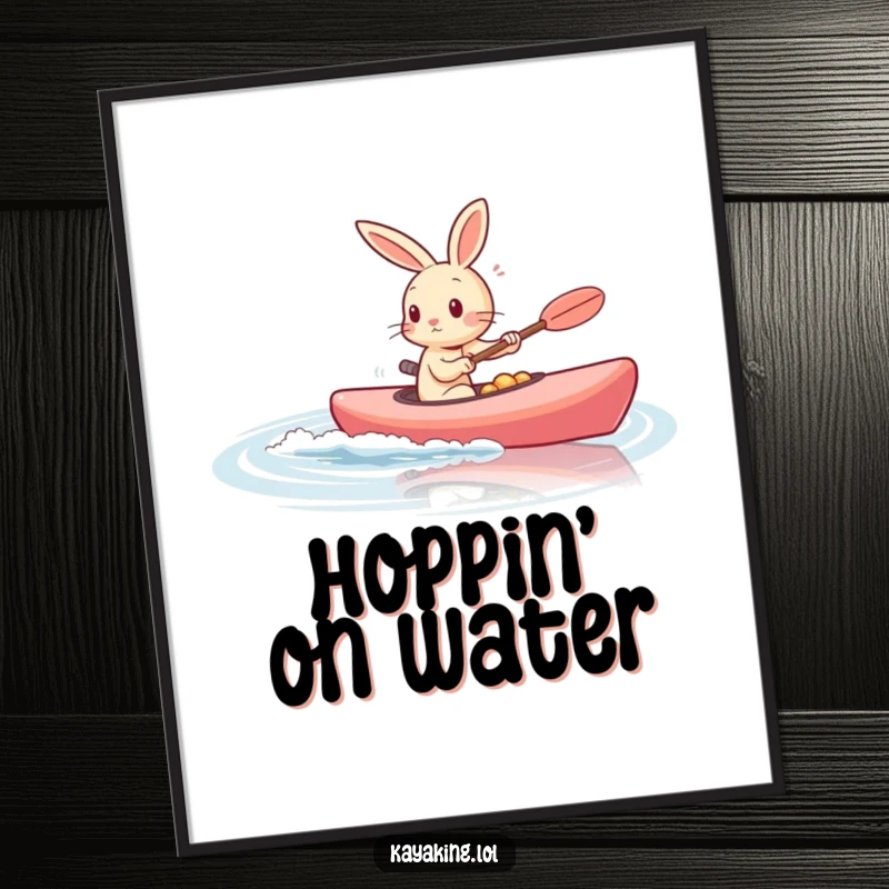 Funny rabbit zooming in a kayak on calm water, presented as a lively poster for dynamic wall art.