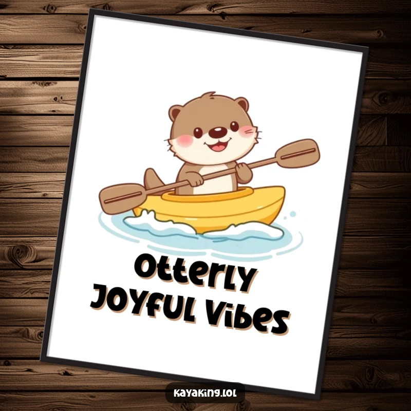 Funny poster featuring a happy otter paddling a miniature kayak with a joyous splash, creating a cheerful and aquatic wall display.