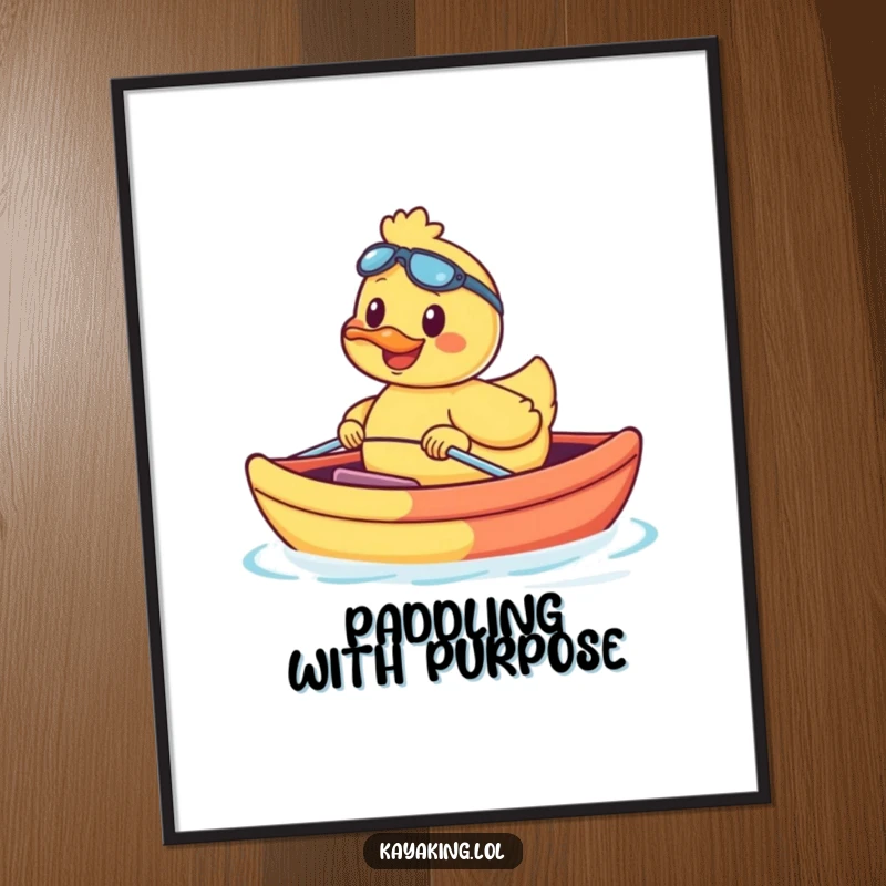 Funny, happy duck peacefully floating in a brilliantly colored kayak, a charming illustration for wall decor. Pure bliss.