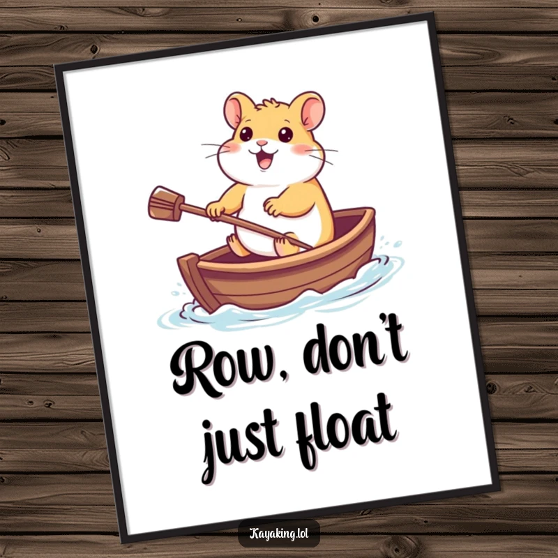 Funny Poster: A cheerful hamster in a tiny boat, enthusiastically paddling, capturing a moment of funny aquatic determination.