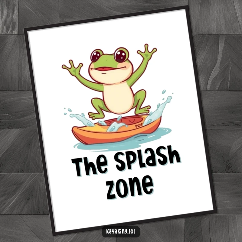 Funny Poster, a frog jumping and splashing into a kayak, creating humorous and lively wall art.