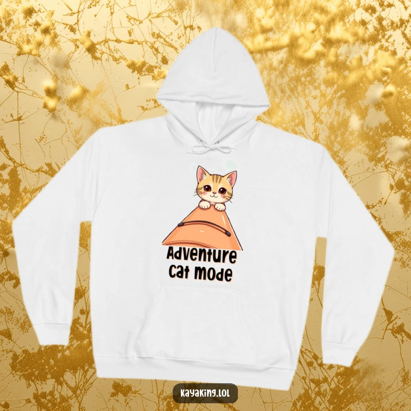 Funny hoodie featuring a curious cat peeking over the edge of a kayak, offering warmth and a touch of playful intrigue.