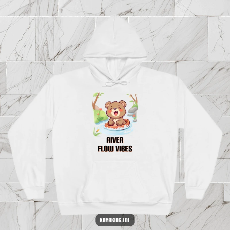 Funny hoodie depicting a gleeful bear cub laughing heartily as it smoothly glides down a serene stream.