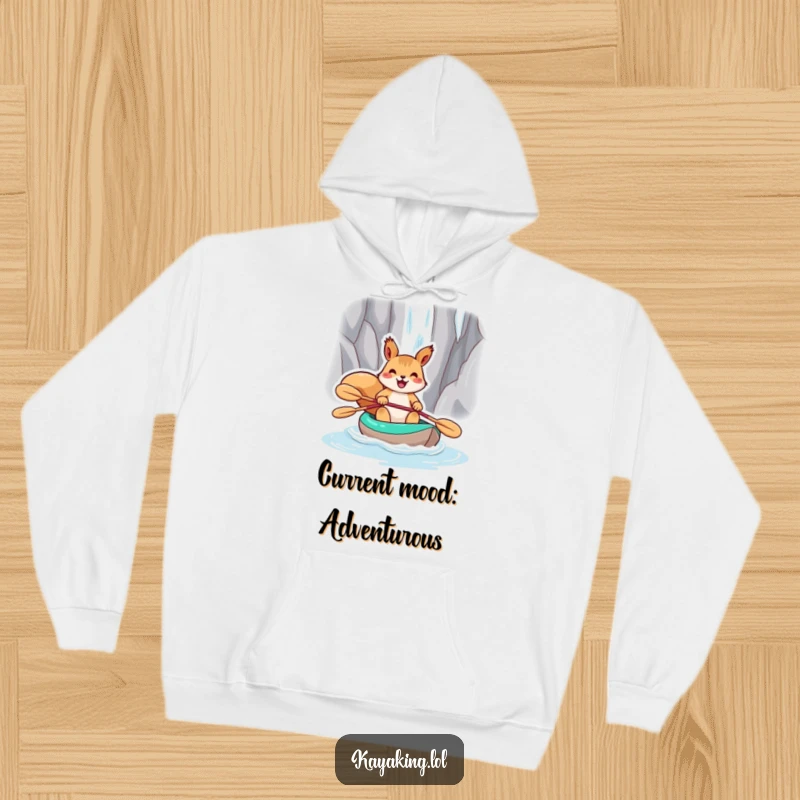 Funny squirrel bravely paddling a kayak towards a huge waterfall, depicted on a warm hoodie for a cozy laugh.