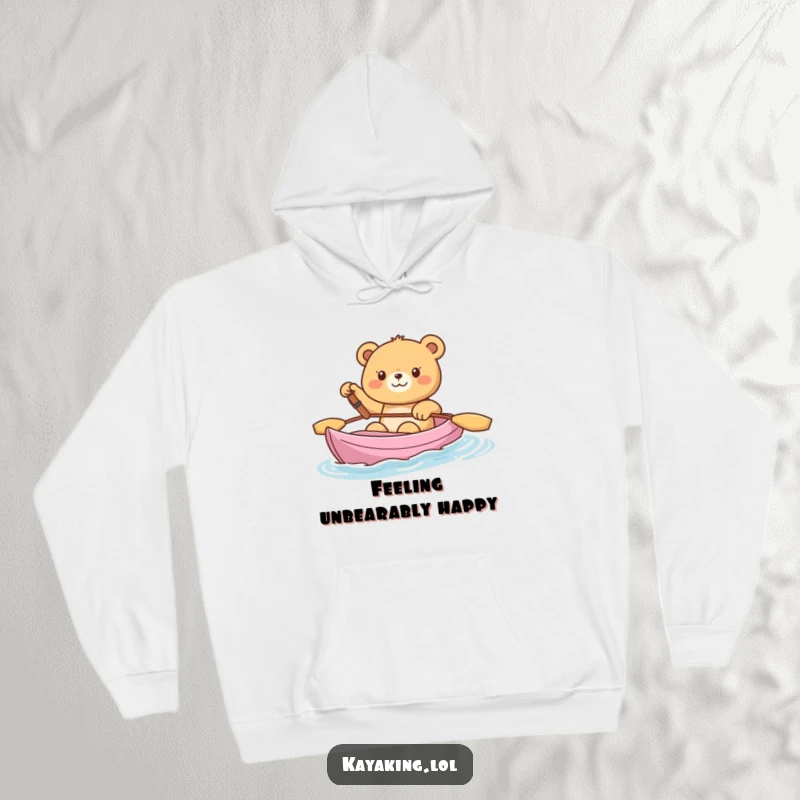 Funny Hoodie, a happy bear waving from a kayak, designed for comfort and spreading cheerful vibes.