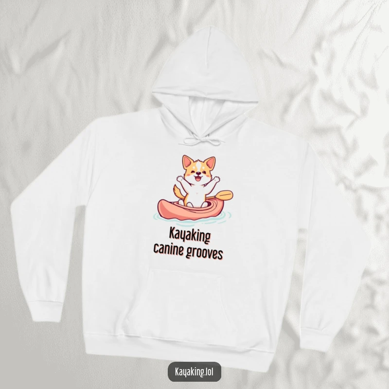 Funny dancing dog hoodie showing a dog bobbing in a kayak with a wagging tail, a warm and humorous gift.