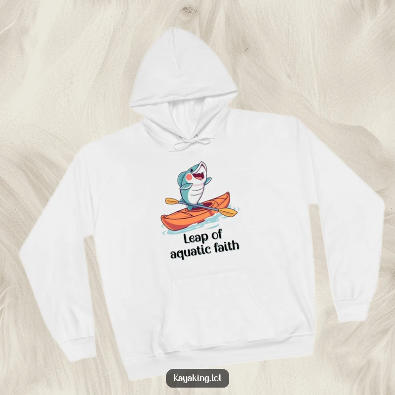 Funny fish kayaking hoodie with a joyful fish leaping from a kayak, perfect for cozying up after a fun fishing trip.