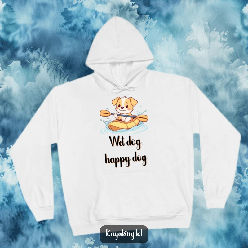 Funny Puppy Hoodie: Playful puppy splashing water from a kayak, offering cozy comfort and a splash of humor.