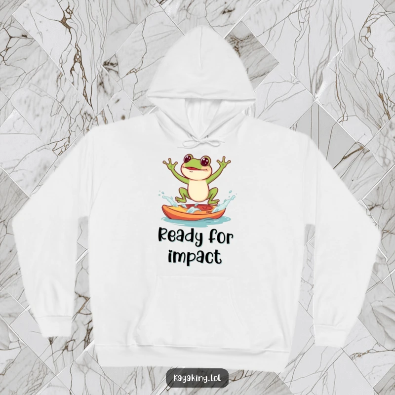 Funny Hoodie, a frog splashing into a kayak, designed for comfort and humorous amphibian appreciation.